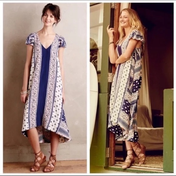 Anthropologie cap sleeve navy blue, pink and white patterned flowy dress - Picture 3 of 13